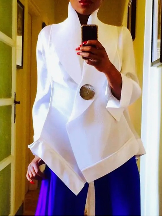 Passion of Essence Tops - White Asymmetrical Stand Collar Blouse – Elegant Loose Fit Statement Top